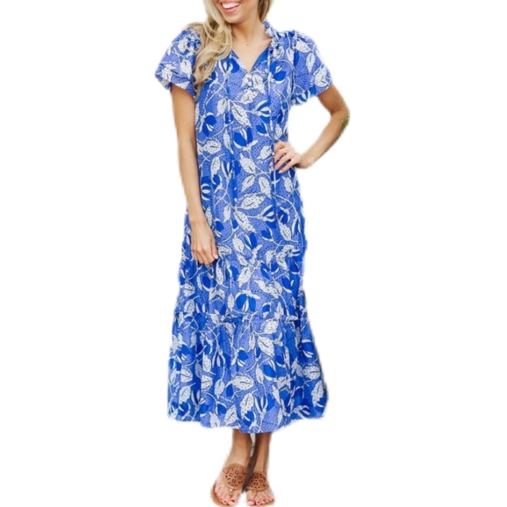 J Marie Kaia Blue & White Floral Ruffle Flutter Sleeve Tiered Midi Dress Size XS